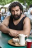 Placeholder: half figure photography of an ugly turkish barman servicing one coffee at the table, big chubby shirtless short beard short hair, mainly chest very hairy 25 years old man, in a public park of Istambul , sunny day, sweat, wet, big shoulders, angry eyes, photorealistic