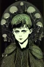 Placeholder: 7 year old boy, friendly, looks dead, with weird mushrooms growing out of him, wearing black robes, in the style of Harry Clarke