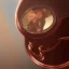 Placeholder: The reflection of a child on the surface of an old copper teapot