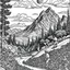 Placeholder: Outline art for coloring page with a cute mountain landscape white background, sketch style, only use outline, clean line art, white background, no shadows, clear outline reprezentand o imagine pe tema halucinatiilor provocate de droguri , cu culori primare tari, fantezie de înaltă definiție calitate clară, stiluri de Utagawa Hiroshige, Paul Klee Dee Nickerson și Tim Burton, acuarelă topită și contururi de cerneală neagră pe hârtie umedă, linii moi, umbrite