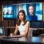 Placeholder: amodern tv studio a beautiful girl perfect face sitting next to desk presenting new looking at camera, with picture of an old man in tv screen at background