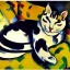 Placeholder: oil portrait of tricolor pattern Cat sleeping in a Black sofa by Paul Cézanne 8k