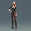 Placeholder: Woman with crutch, back, black trousers, green shirt, render background, brown hair