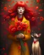 Placeholder: Create a moving illustration of a red girl wearing a yellow coat holding a bouquet of red poppies, standing peacefully, head leaning upward. A Oriental shorthair Siamese chocolate point cat with a red heart-shaped collar sits at her feet, looking up adoredly. Use a dark, textured background to accentuate the heat of the subjects. Emphasize a calm and introspective atmosphere. HD