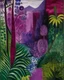 Placeholder: A purple jungle with a toxic river painted by Paul Klee