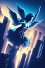 Placeholder: A flying angel over the tall buildings in a city at deep blue night.