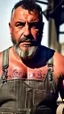 Placeholder: close up photography of a strong serious 50 years old chubby italian car mechanics man in dirty overalls and tank top, repairing a car, stand up near a car, tattoo, bulge, short beard, in a dirty street, dirty and ugly, bullneck, manly chest, in tank top, emotive eyes, sunlight, photorealism , ultra defined , photorealistic