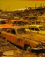Placeholder: A yellowish orange mechanical junkyard painted by Edvard Munch