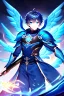 Placeholder: a person in runic armor with blue wings, blue short hair, runic tattoo and spell book, male