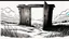 Placeholder: broken wooden door, anime, monochrome, black background, ink, simple, maximum quality, broken hinge, barely functioning, centered on frame, far view, in the middle of a grassy hill, white sky with cumulonimbus