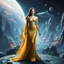 Placeholder: A breathtaking cosmic fantasy scene featuring a stunningly realistic beautiful woman with a perfect face and sculpted figure standing gracefully on an open stage of a floating CIFI town with Space craft landed over it. Surrounding her are CIFI buildings in deep space. She wears an elegant flowing gown in vibrant gold and blue hues that billow around her perfect form.