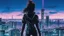 Placeholder: Clear Focus, High resolution, Beautiful girl standing backwards to a Cyberpunk skyline, comic style