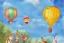 Placeholder: whimsical postcard with watercolor of a hot air balloon, children's book illustration, peter rabbit