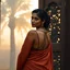 Placeholder: A divine South Asian woman stands in quiet grace, draped in a designer saree of earthy clay tones, evoking the warmth of Bengal soil. Her modern blouse features a deep back cut and minimalist straps, blending tradition with contemporary elegance. Her teary eyes shimmer with emotion, her serene face framed by soft curls and a subtle bindi. Behind her, a carved wooden door with intricate floral and geometric patterns glows in the misty golden light of Diwali. A tall palm tree looms through the fog