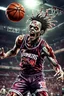 Placeholder: 13k, highly realistic and detailed image of a zombie as a NBA basketball player in action dunking the ball in the net, sweaty hair, screaming look,action and explosive background