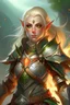 Placeholder: Eladrin Elf, paladin, mud on armor, dirty splint armor, drawn flame blade, elven shield on her back, blonde-light brown hair, green eyes, slightly annoyed.