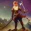 Placeholder: a heroic female adventurer with a headscarf travelling through a fantasy mountain range