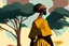 Placeholder: Design, African woman, oil painting, featureless, graphic, drawing without facial features, background, sky, trees, traditional clothes, cartoon, looking left