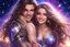 Placeholder: beautiful women with long hair, light eyes , with a little sweety smile, with his boyfriend that is a sweety strong cosmic warrior in peace. in a background of stars and bright beam in the sky