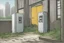 Placeholder: , electrical box, overgrown, post-apocalyptic, comic book, city background
