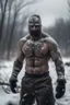 Placeholder: a man, muscular tough, shirtless, scarred, bruised, heroic, standing in a middle of a snowy wilderness, harsh cold climate, stormy, daylight, wearning an iron face mask cover, walking through storm, tough and strong vibes