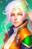 Placeholder: fantasy setting, woman ranger traveler with orange and white hair, pastel green eyes, kind, soft facial traits