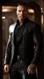 Placeholder: Jason David Frank as a Very muscular alpha male with short hair and tribal tattoos piercings wearing a black armani suit , standing in a doorway