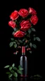 Placeholder: The image is a digital artwork that depicts a branch of tree of Red roses and leaves tangling down cr The background is black, which makes a branch of a tree of red roses stand out even more adding to the dreamy, ethereal quality of the image.all leaves and A bottle of red wine in front