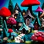 Placeholder: Close-up photograph of detailed creepy village made of felt, crystallizations, figure, animals, fungi, crystals, mineral concretions, sun, Amano, Roger Dean, strong texture, intricate, colours, Max Ernst, rich moody colors, bokeh, Tim Burton, Harry Potter, 33mm photography