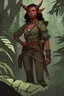 Placeholder: A DnD character. A female horned Tiefling ranger with pointy ears standing in a jungle. The Tiefling has a little pterosaurs on her shoulder and a rapier in her hand.