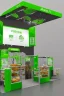 Placeholder: Corner green exhibition stand of a food company with product displays and a meeting area