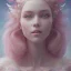 Placeholder: a large pink castle, a cheerful fairy in front, big smile, pink, blonde hair, beautiful, whole face, whole top hair head, wide open blue eyes, transparent wings onn the back, hyperrealism, masterpiece, expert, cinematic lighting, sharp focus, 8K, pastel, macro lens, woman, detailed, flower