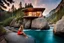 Placeholder: pretty dream houses in rocky mountain in wavy sea side,beautiful lady sitting on the rock her feet in water