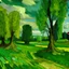 Placeholder: A green field with verdant trees painted by Vincent van Gogh