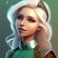 Placeholder: D&D character, female, cleric, platinum blonde hair, gold eyes, smile, teal armor