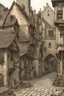 Placeholder: Produce a visual representation of medieval towns and cities succumbing to the devastation of the Black Death, with empty streets, abandoned buildings, and grieving inhabitants.