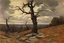 Placeholder: dry trees, autumn, clouds, rocks, one person, horror gothic movies influence, wilfrid de glehn and gustave caillebotte impressionism painting