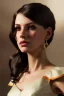 Placeholder: young woman, brown hair, dark orange eyes, hoop earrings, red blouse, elegant, dark eyeshadow, black eyeliner, high arch angular eyebrows, head and shoulders portrait, 8k resolution concept art portrait by Greg Rutkowski, Artgerm, WLOP, Alphonse Mucha dynamic lighting, hyperdetailed, intricately detailed, Splash art trending on Artstation
