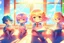 Placeholder: cute chibi holographic girls and boys sitting in the classroom in sunshine