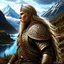 Placeholder: Blond Viking warrior, painted, digital painting, 24k, high resolution, highly detailed, ornate, mountain views with streams of water, art by JOHN STEPHENS