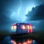 Placeholder: An old caravan at the bottom of an streaming river, lots of clouds within neon lights, thunder