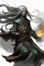 Placeholder: Air genasi from dnd with ashesen skin and asian flowing hair herematerial smoke Monk attire with ash giant Black Smoke Some hair