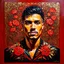 Placeholder: 🔥 PROMPT: A painting of a front-facing man, rendered in a colorful and vividly bold design. The composition features striking patterns in red, gold, and black, set against a deep red background. Floral motifs and folkloric elements are intricately woven into the design, creating a dynamic and visually rich piece. The artwork combines the expressive energy of flower power with folkloric influences, exuding a bold, appropriation art style that is both captivating and culturally vibrant.