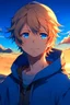 Placeholder: cool anime chalan s menom Ixpo s typom vlasov špinavý blond s modrý očami s modrou mikinou ktorá má kapucňu s pozadím pri západe slnka