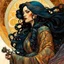 Placeholder: create an ethereal, darkly magical illustration of an epic female Andalusian guitarist with highly detailed and deeply cut facial features, in the style of GUSTAV KLIMT and ALPHONSE MUCHA combined with the comic art style of BILL SIENKIEWICZ and JEAN GIRAUD MOEBIUS, searing lines and forceful strokes, precisely drawn, inked, and darkly colored