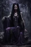 Placeholder: a crepy stunning witch woman with dark purple,black and silver long hair and black mystic tattoos on her body, a cold, indifferent expression, silver and black onyx jewelry, metalic shiny dress, anthropomorphic female, dark ethereal background in the corner one big spider sitts, ancient deity, by El Kazovszkij , Anton Semenov a masterpiece, 8k resolution, dark fantasy concept art, by Greg Rutkowski, dynamic lighting, hyperdetailed, intricately detailed