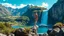 Placeholder: a picturesque natural landscape that includes majestic mountains and a serene countryside. Additionally, incorporate details about a stunning, large waterfall that enhances the beauty of the scene. The output should be structured as a narrative, painting a clear image with rich, descriptive language that evokes the sights and sounds of this beautiful environment water fall falls to a big sea with modern ship in it.a fullbody lady in swim suit is standing on waterfall start rock16 by 9