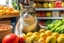 Placeholder: cute contented cat is shopping in a foodstore in sunshine. Food, fruits