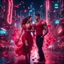 Placeholder: Hyper Realistic handsome muscular guy & a beautiful girl in classy red dress dance in Futuristic City with neon lights & rose-petals at dark night.