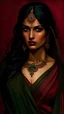 Placeholder: a beautiful Indian woman with extremely long black hair, hazel eyes, dark red lips, in Designer dark red chiffon lace saree with deep green hem, oil painting by James Gurney, Alphonse Mucha, Alberto Seveso and Russ